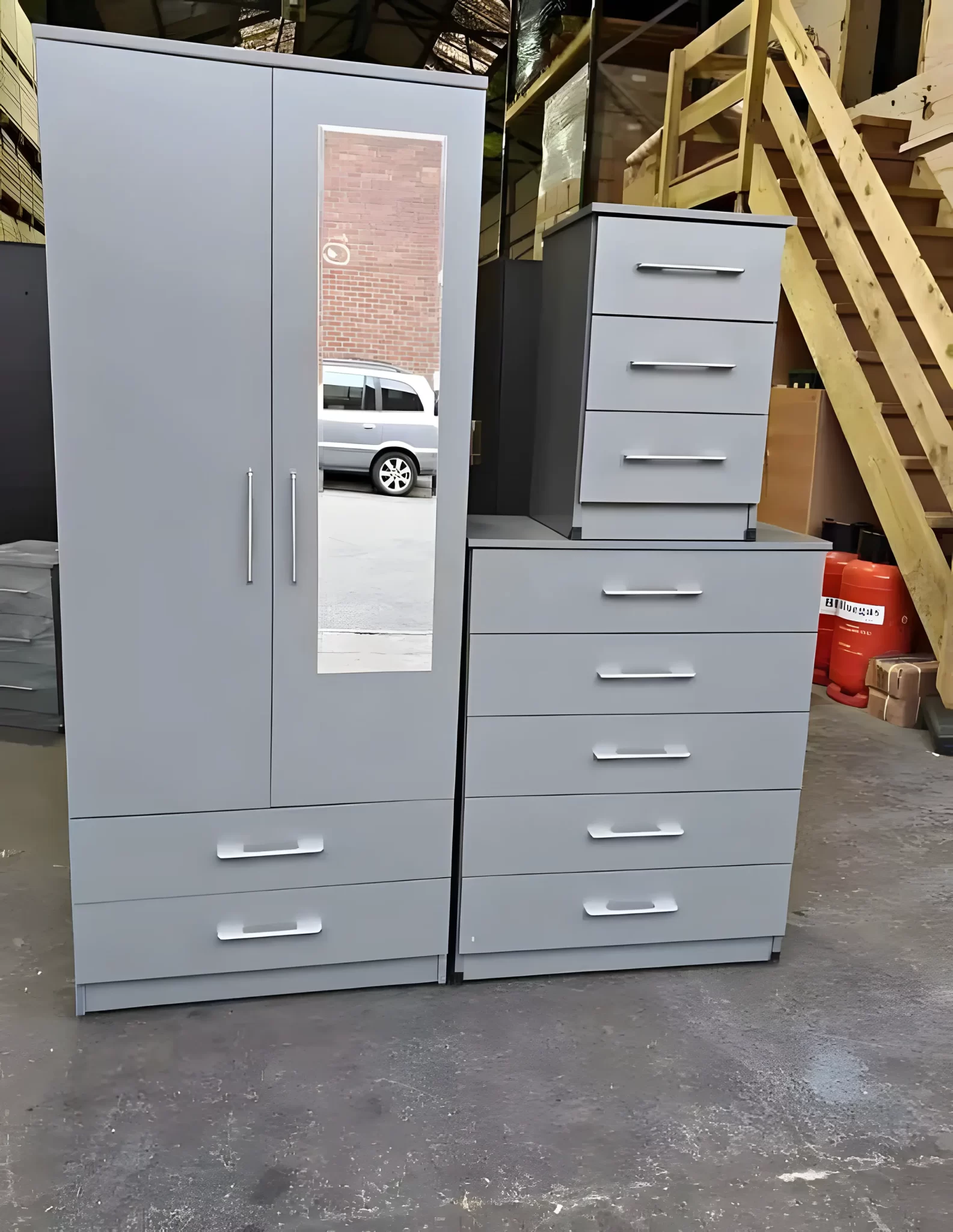 2 Door Mirrored Wardrobe Set with 1 Chest and Sidetable 2 2 door mirrored wardrobe set with 1 chest and sidetable SILVER
