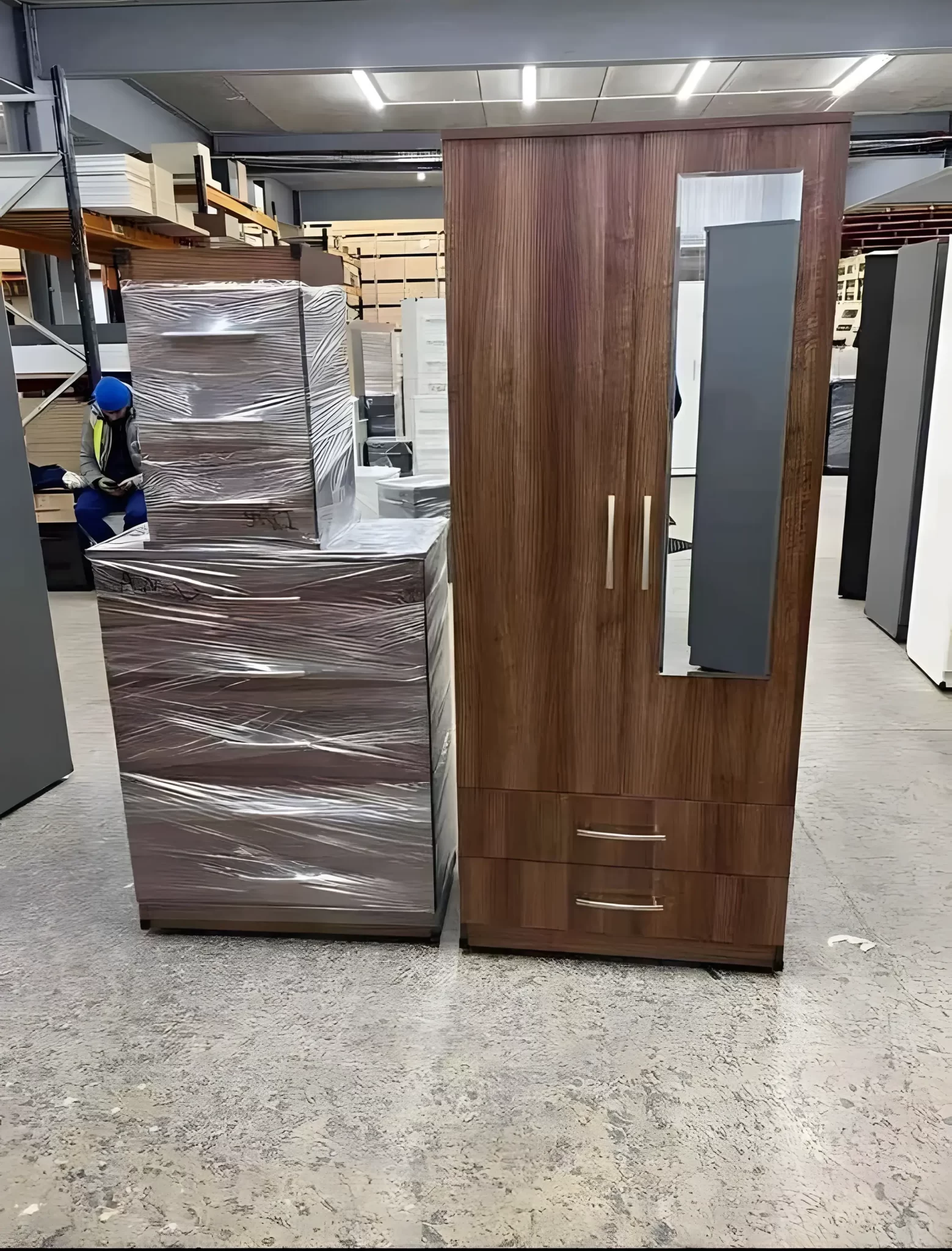 2 Door Mirrored Wardrobe Set with 1 Chest and Sidetable 3 2 door mirrored wardrobe set with 1 chest and sidetable WALNUT