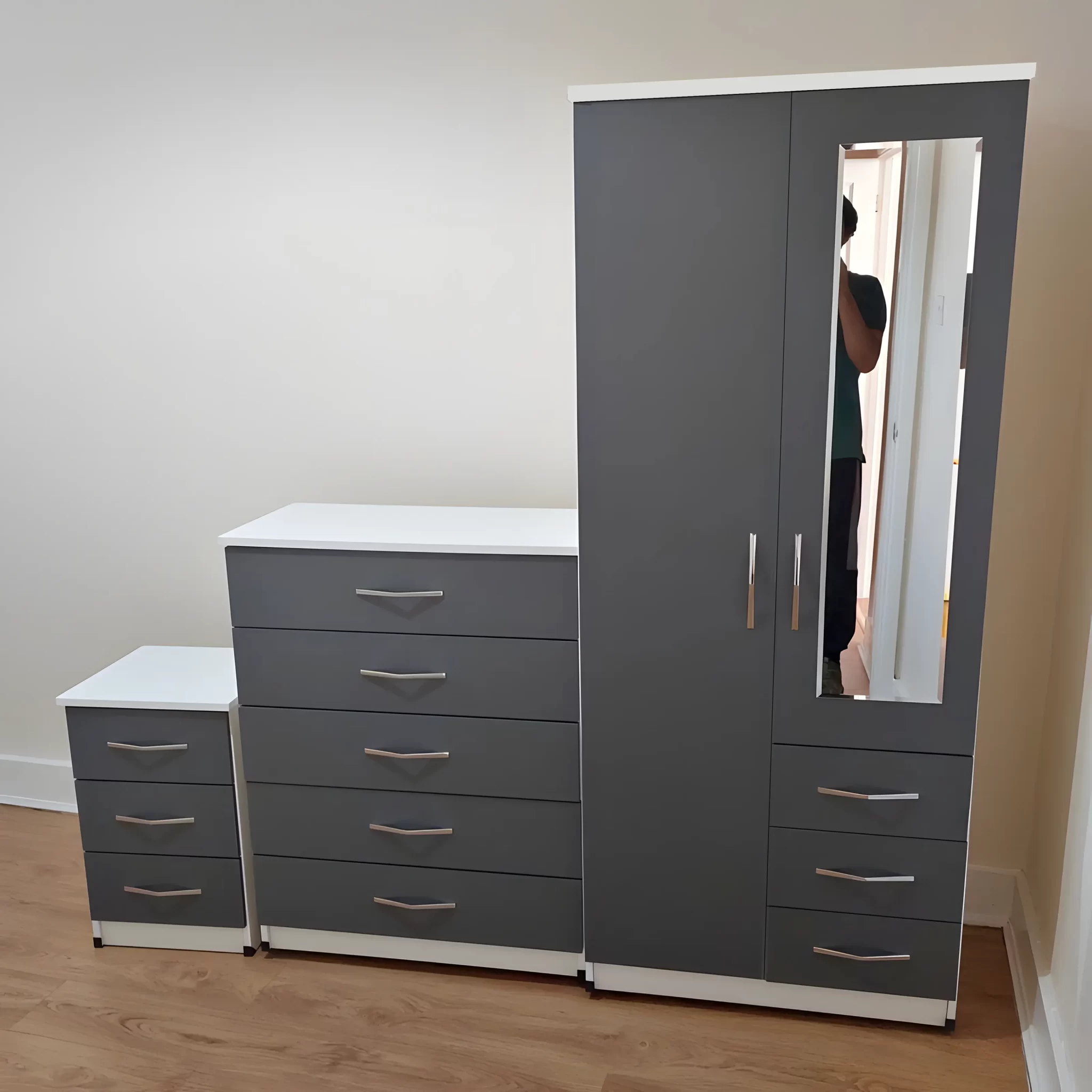2 Door Mirrored Wardrobe Set with 1 Chest and Sidetable 1 2 Door Mirrored Wardrobe Set with 1 Chest and Sidetable