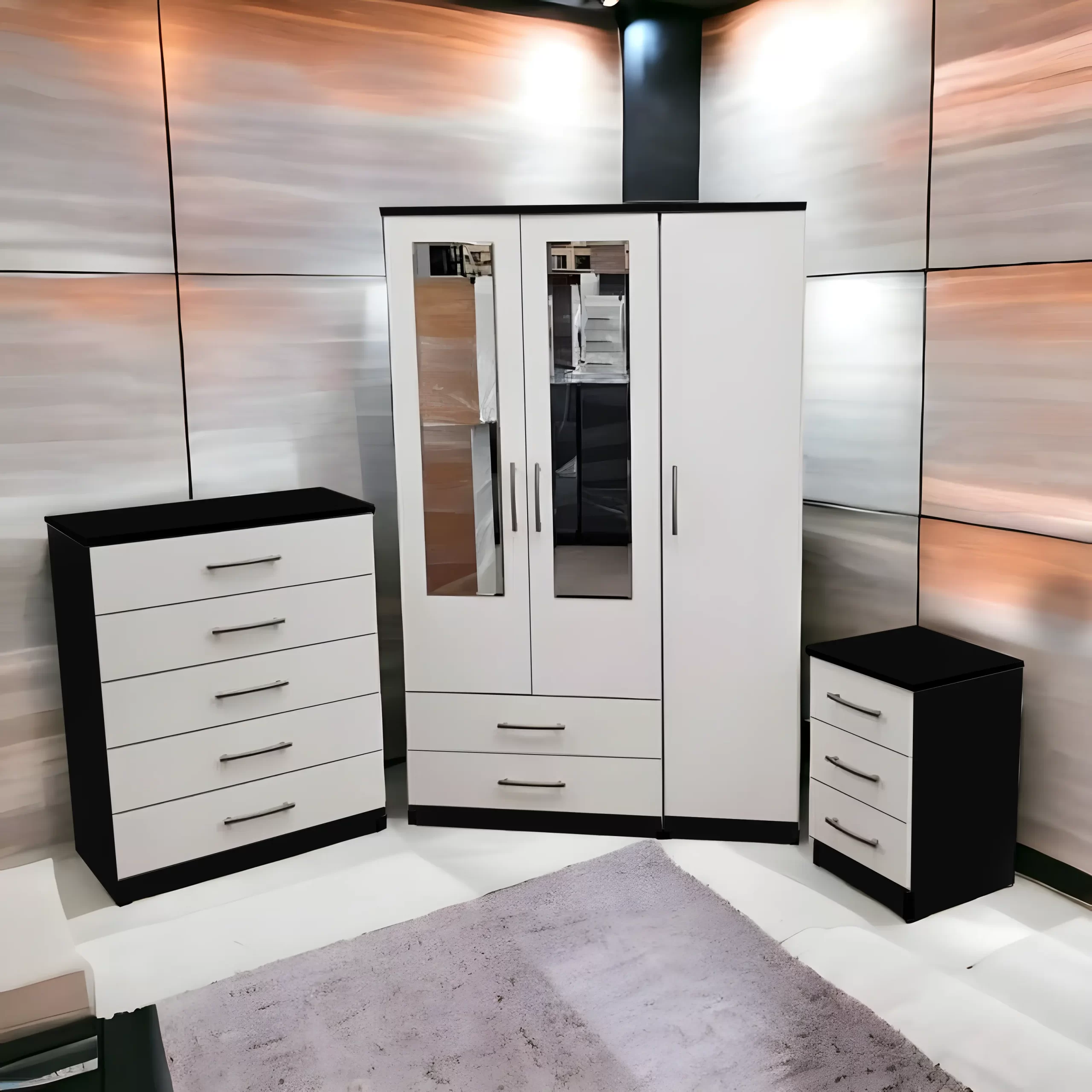 3 door mirrored wardrobe with 1 chest and 1 sidetable 2 3-door-mirrored-wardrobe-With-1-chest-1-sidetable-front-white-side-black-scaled