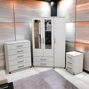 3 door mirrored wardrobe with 1 chest and 1 sidetable