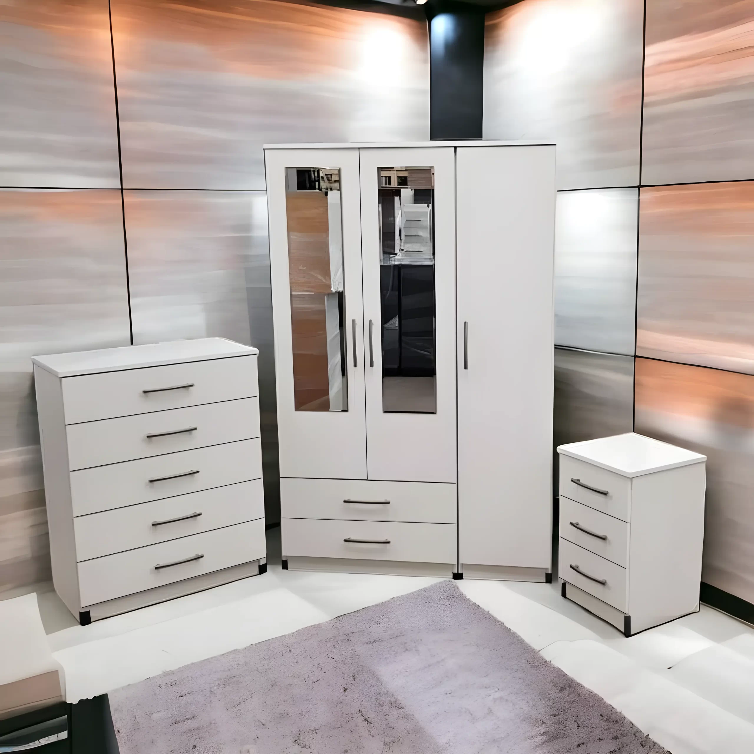 3 door mirrored wardrobe with 1 chest and 1 sidetable 1 3 door mirrored wardrobe with 1 chest and 1 sidetable