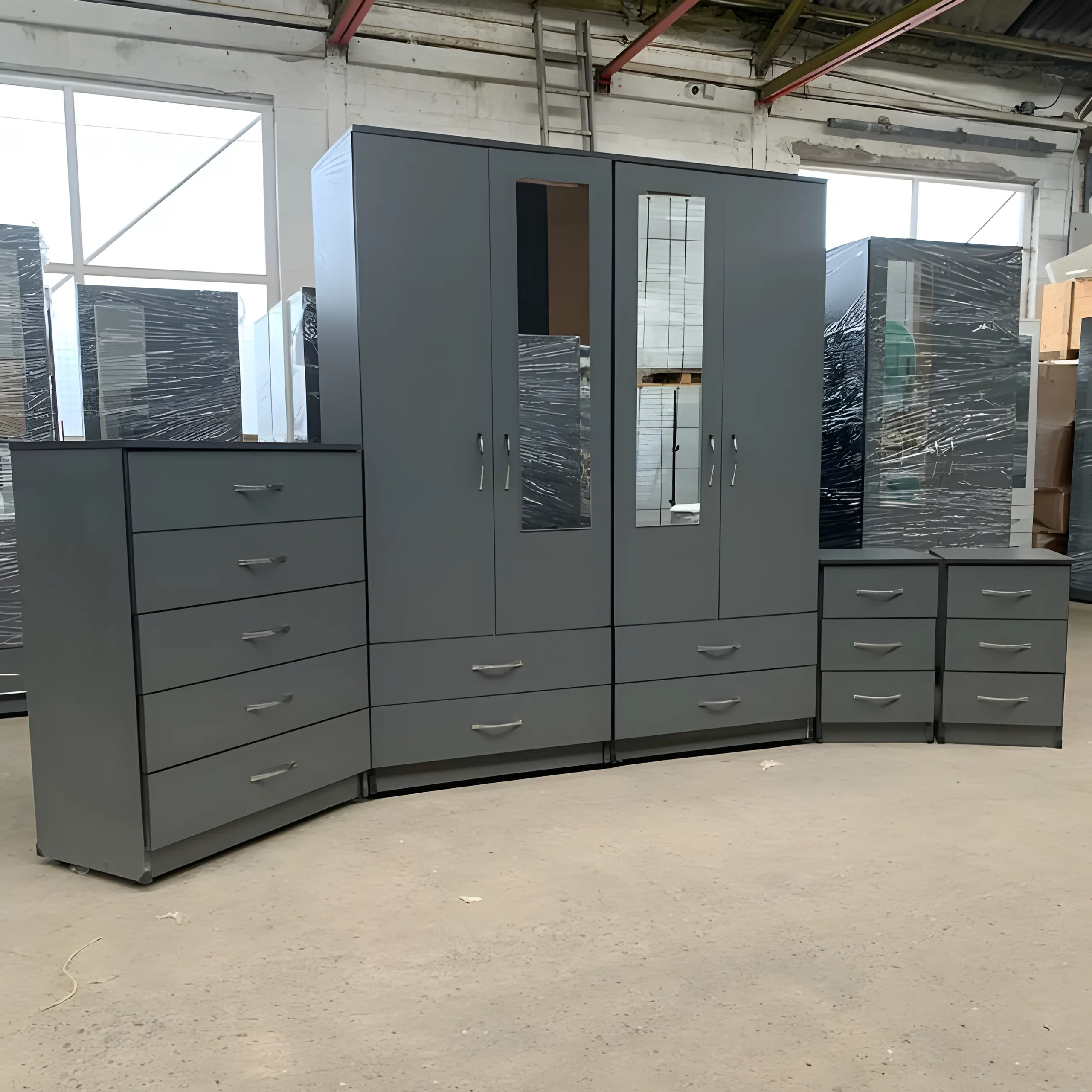 4 door mirrored wardrobe with 1 chest and 2 sidetables 1 4 door mirrored wardrobe with 1 chest and 2 sidetables