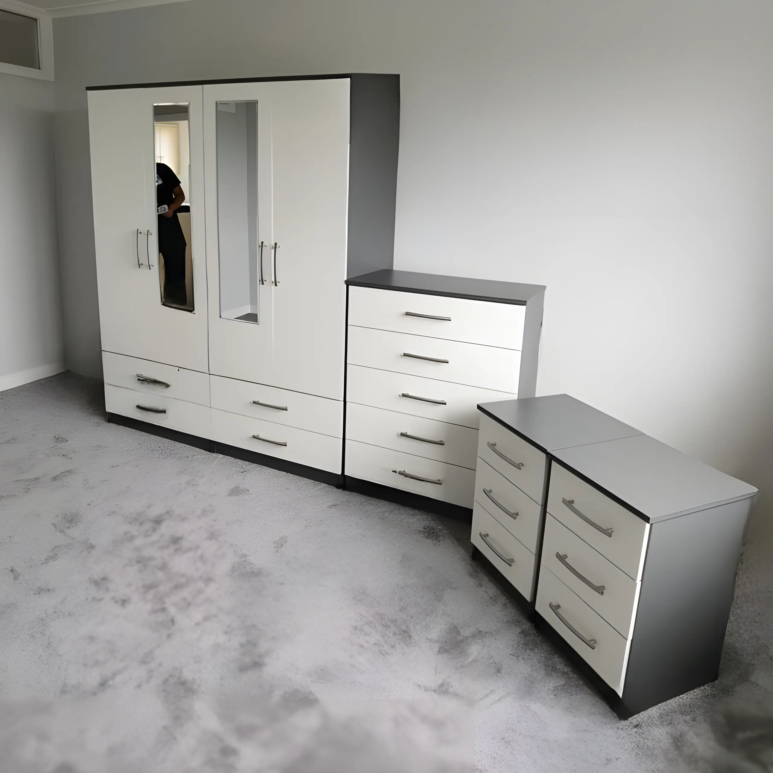 4 door mirrored wardrobe with 1 chest and 2 sidetables 2 4 door mirrored wardrobe with 1 chest and 2 sidetables grey